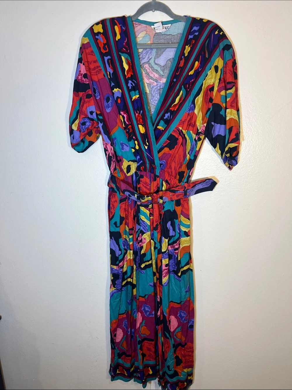 By Together 80s Colorful Abstract Print Maxi Dress Red, Teal, Purple, Yellow 10